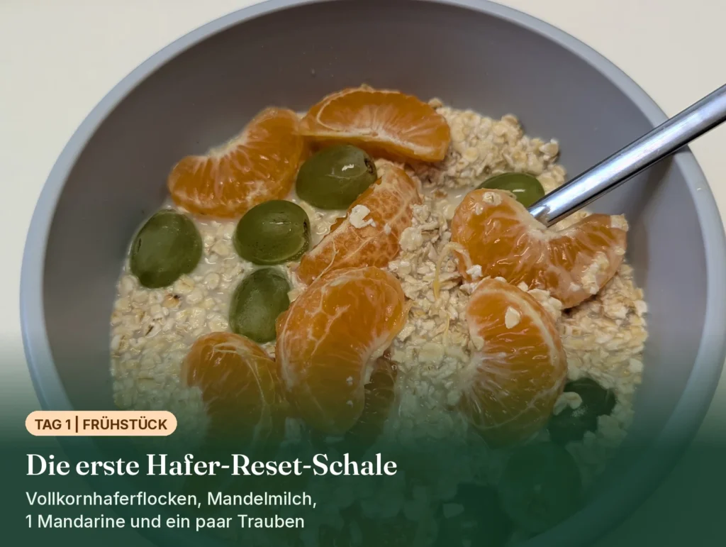 Schale mit Haferflocken, Mandelmilch, Mandarinenspalten und grünen Trauben